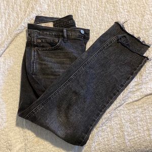 Gap 8p 29P black petite high rise cigarette ankle jeans fringe hem faded